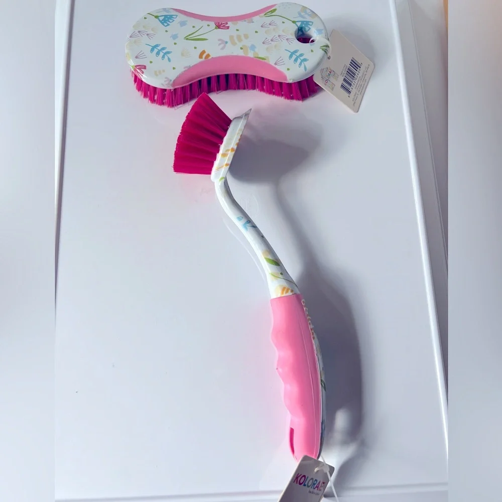 Pink Floral Dish Brush and Utility Brush with Hot Pink Bristles by Kolorae.  New
